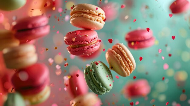 Foto close up van bitterkoekjes die in de lucht vliegen een kleurrijke achtergrond