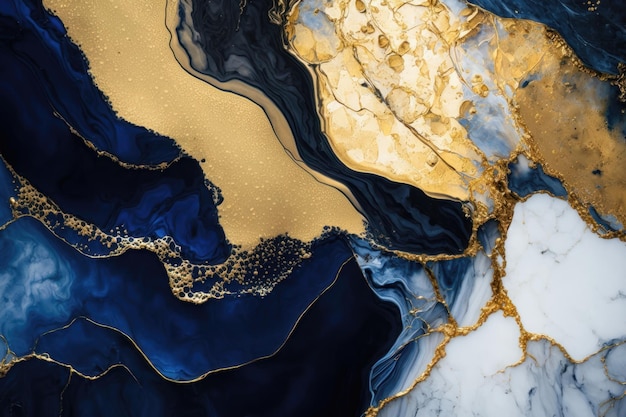 Close-up van blauw en glanzend goud spiritus inkt abstract textuur modieus behang AI Generation