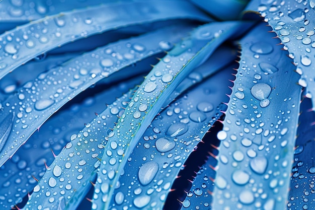 Close-up van blauwe agave bladeren met dauwdruppels