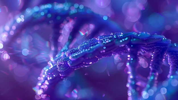 Close-up van blauwe en paarse stof DNA-structuur Generatieve AI