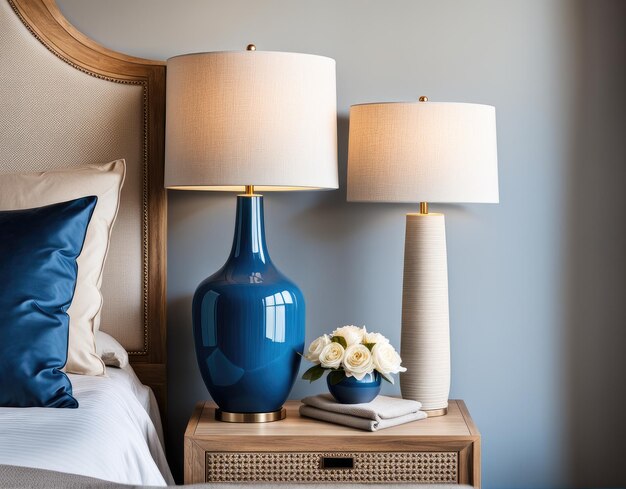 Close-up van blauwe keramische lamp op nachtkastje bij het bed met beige stof hoofdbord en blauwe kussens en deken Franse land Provence interieurontwerp van een moderne slaapkamer