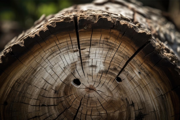 Close-up van boomstam met zaagsporen en ontbrekende takken als bewijs van ontbossing