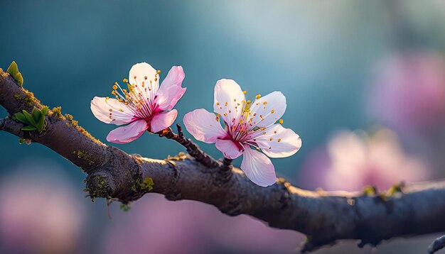 Close-up van boomtak met roze bloemen blauwe vervaagde achtergrond prachtige bloemen voorjaarsseizoen