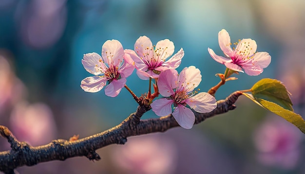 Foto close-up van boomtak met roze bloemen blauwe vervaagde achtergrond prachtige bloemen voorjaarsseizoen