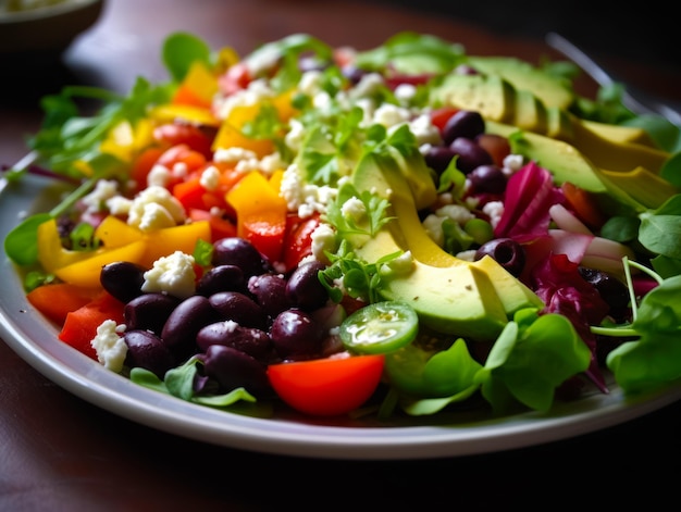 Close-up van bord eten met groenten en fruit erop Generatieve AI