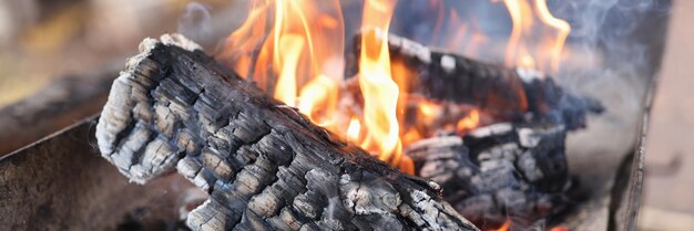 Close up van brandend brandhout buiten kamperen reizen en koken bbq op open vuur