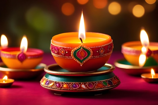 Foto close up van brandende diwali diya lampen op kleurrijke rangoli indiase festival hindoe traditioneel