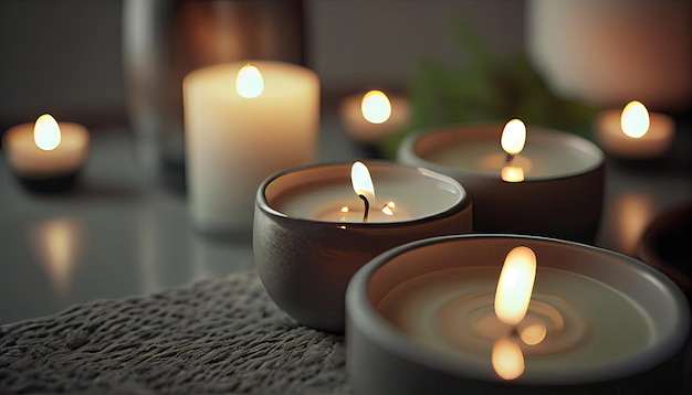 Close-up van brandende kaarsen die aroma verspreiden op tafel in een spa kamer Zen en relax concept