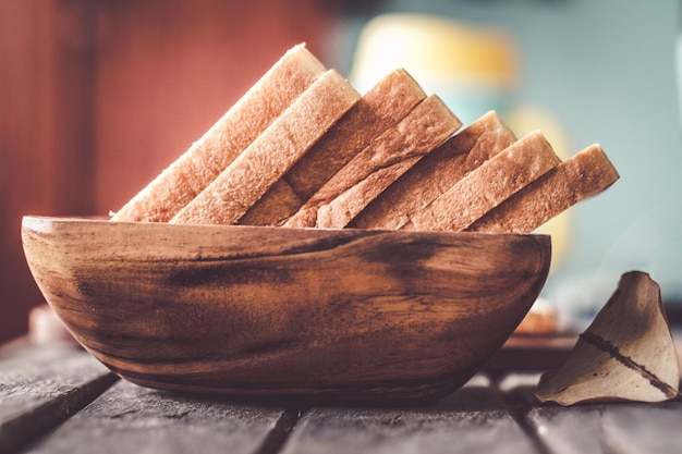 Close-up van brood in een schaal op tafel