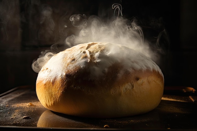 Close-up van brood met stoom en warmte die opstijgt uit het warme brood gemaakt met generatieve ai