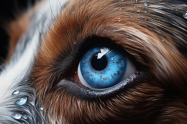 Close-up van bruine hond blauw oog Natte vacht Generatieve AI