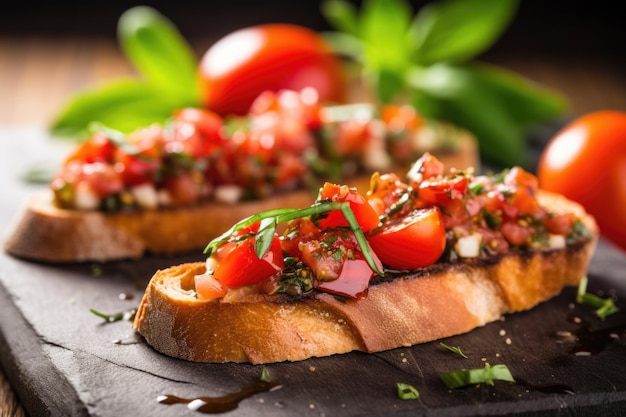 Close-up van bruschetta gegarneerd met oregano op een stenen plaat