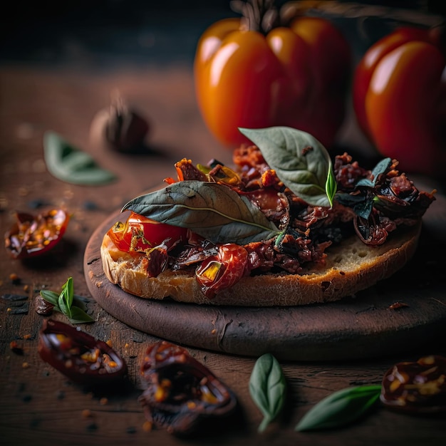 Close up van Bruschetta met half gedroogde tomaten en basilicum over houten vintage tafel AI gegenereerd