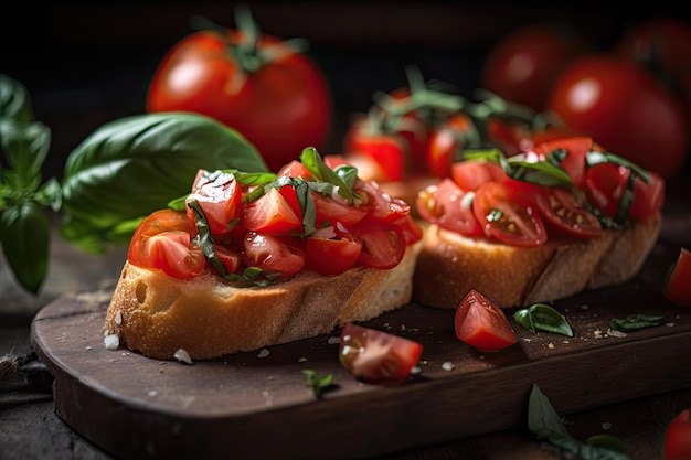 Close-up van bruschetta met tuin verse tomaten en basilicum