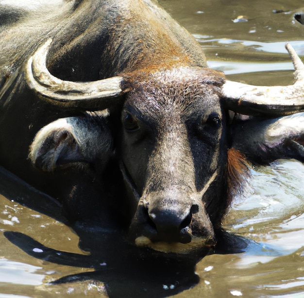 Close-up van buffels in water gemaakt met behulp van generatieve AI-technologie