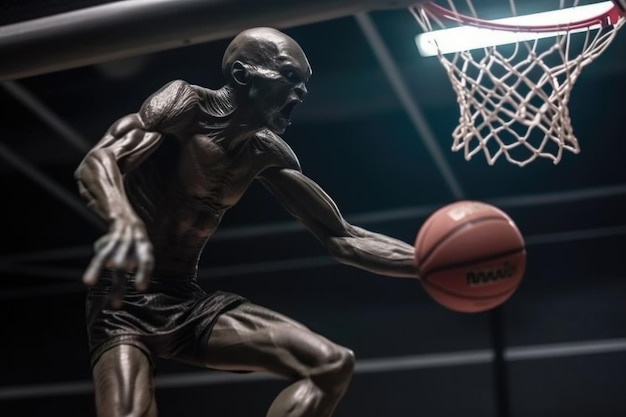 Close-up van buitenaardse atleet die spectaculaire dunk uitvoert op basketbalveld gemaakt met generatieve ai