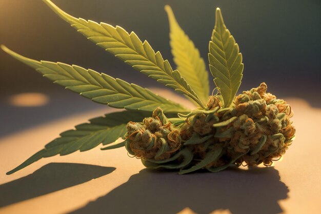 Close-up van cannabisplant met gele bloemknoppen en wazig licht achtergrond