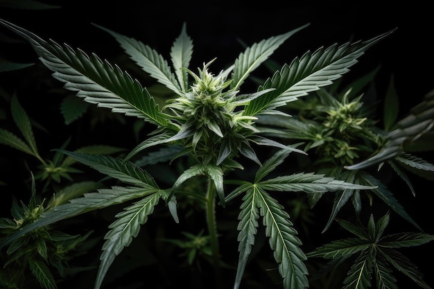 Close-up van cannabisplant met zijn bladeren en toppen in het volle zicht