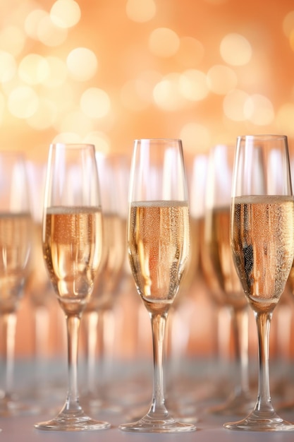 Foto close-up van champagne fluiten op gouden bokeh lichten achtergrond peach fuzz kleur van het jaar 2024