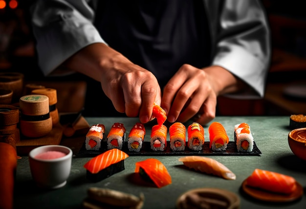 Close-up van chef-kokhanden die Japans voedsel voorbereiden Japanse chef-kok die sushi maakt bij gegenereerd restaurant ai