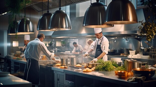 Close-up van chefs die eten bereiden in een professionele keukenAIGeneratieve AI