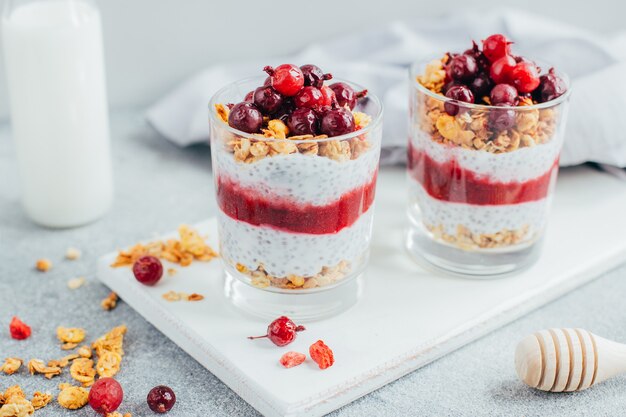 Close-up van chia pudding met yoghurt granola bes op het oppervlak van een fles melk op een grijze ondergrond