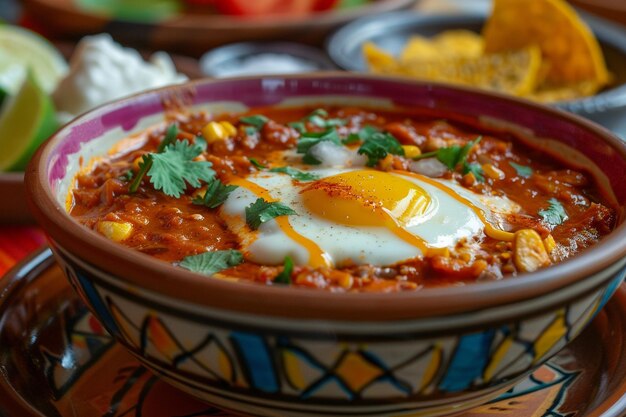 Close-up van chilaquiles geserveerd in een kleurrijke