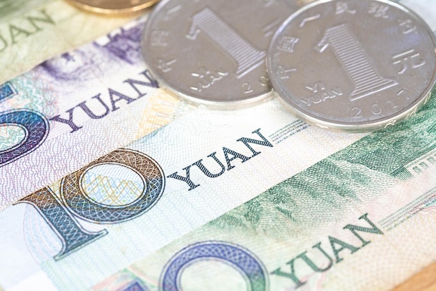 Close up van Chinese bankbiljetten en munt Chinese Yuan Cny RenMinBi RMBPeoples Replublic van China geld op achtergrond Financiën concept