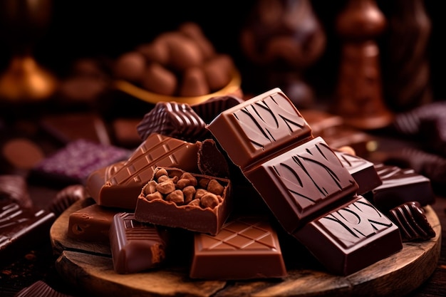 Close-up van chocoladevierkantjes in stukjes van een traditionele chocoladereep of tablet en truffels