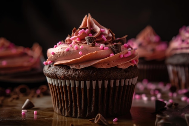 Close-up van chocolaty cupcake met roze glazuur en hagelslag gemaakt met generatieve ai