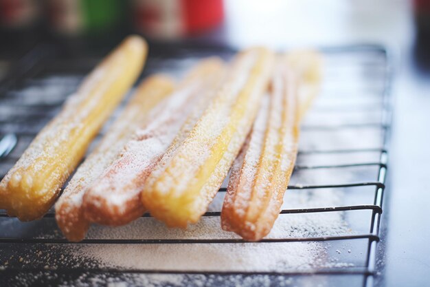 Close-up van churros met een laagje poedersuiker