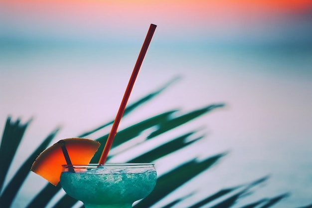 Close-up van cocktail op strand blauwe oceaan achtergrond Stock Illustratie Generatieve AI