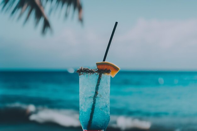 Close-up van cocktail op strand blauwe oceaan achtergrond Stock Illustratie Generatieve AI