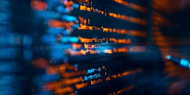 Close-up van coder die abstracte code schrijft op desktop computer softwareontwikkelingsconcept Concept Softwareontwikkeling Codering Close-up Desktop Computer Abstract Code Technology Concept