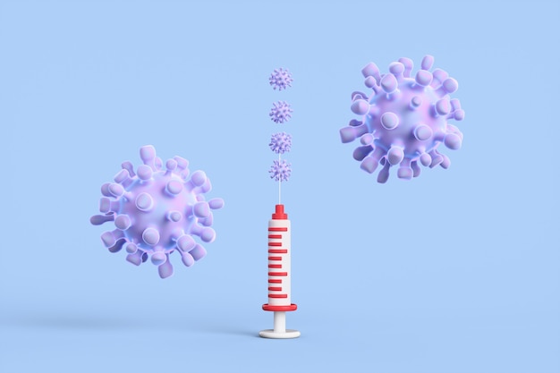 Close-up van coronavirus en spuit op een blauwe achtergrond. Coronavirus vaccinatie concept. 3D render illustratie.