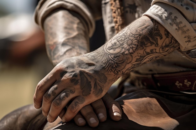 Close-up van cowboys arm pronken met gedetailleerde en ingewikkelde tatoeage