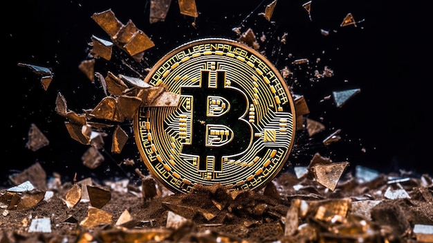 Close-up van crashend bitcoin-teken op een donkere achtergrond Generatieve Ai