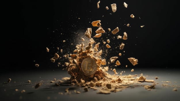 Close-up van crashend bitcoin-teken op een donkere backgroundAl gegenereerd