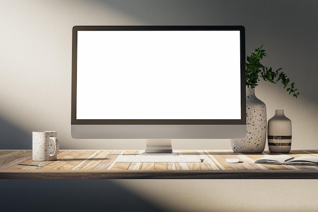 Close-up van creatief ontwerper bureau met leeg computer scherm koffiekop benodigdheden en andere items op betonnen muur achtergrond Workspace concept Mock up 3D Rendering