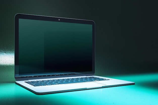 Close-up van creatieve neon blauw licht gaming notebook met mock-up plaats 3D Rendering