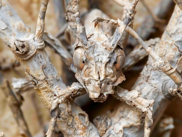 Close-up van Cryptic Mediterranean Praying Mantis Imiteren takjes voor camouflage in natuurlijke habitat