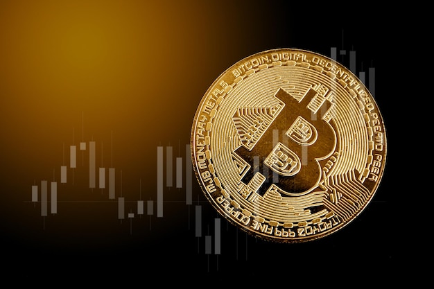 Close up van cryptocurrency bitcoin op zwarte achtergrond met trading grafiek