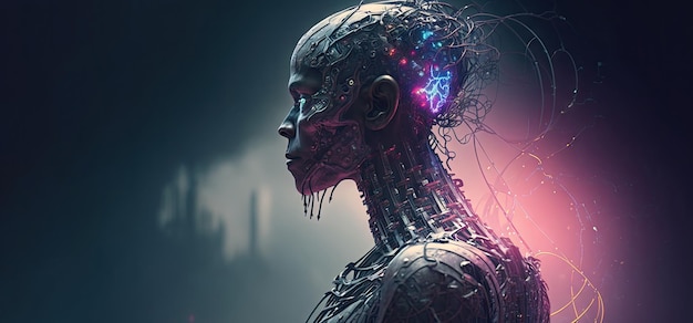 Close-up van Cyborg Kunstmatige intelligentie gezicht in Hitech futuristisch met draden Generatieve AI