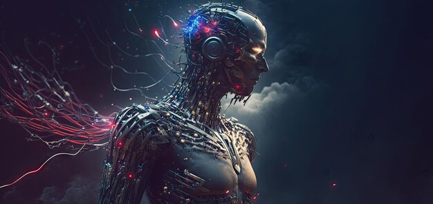 Close-up van Cyborg Kunstmatige intelligentie gezicht in Hitech futuristisch met draden Generatieve AI