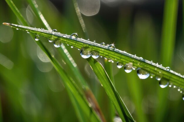 Close-up van dauwdruppel op grasspriet in weide gemaakt met generatieve ai