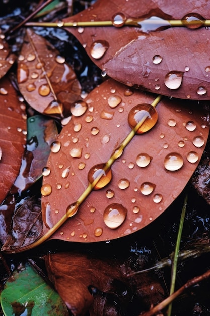 Close-up van dauwdruppels op gevallen bladeren gemaakt met generatieve ai