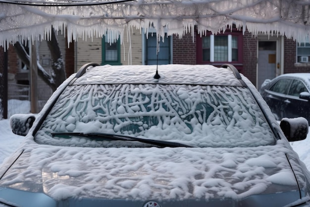 Close-up van de achterruit van de auto bedekt met sneeuw en ijs gemaakt met generatieve ai