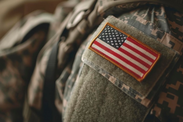 Foto close-up van de amerikaanse vlag op soldaat uniform