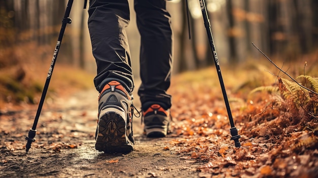 Foto close-up van de benen van de persoon in wandelschoenen die in het bos wandelen met behulp van een wandelstok