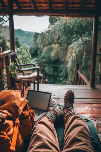 Close-up van de benen van een reiziger met een laptop op een houten balkon met uitzicht op een weelderige jungle omgeving